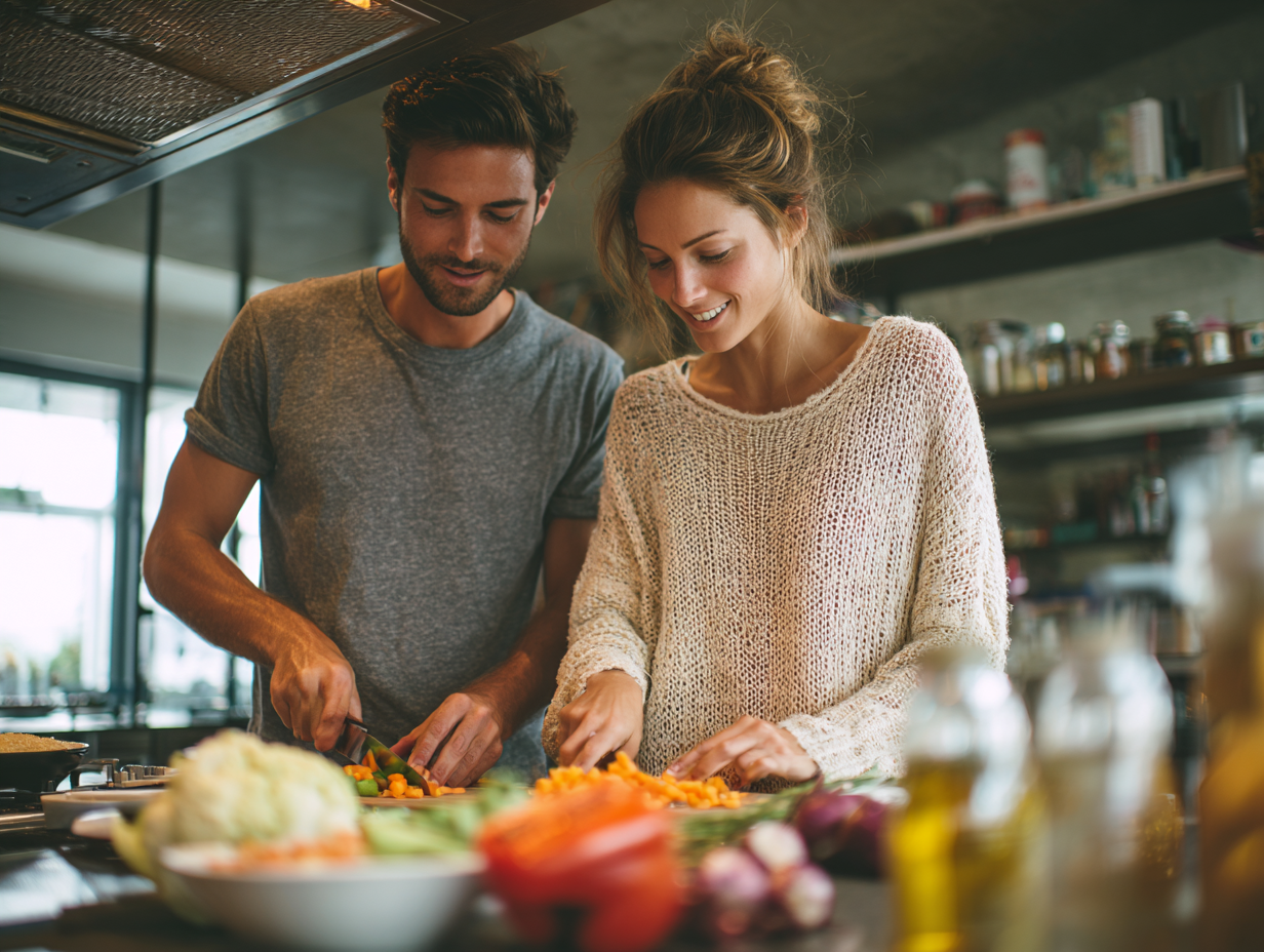 Kolorowe warzywa i owoce ułożone na stole